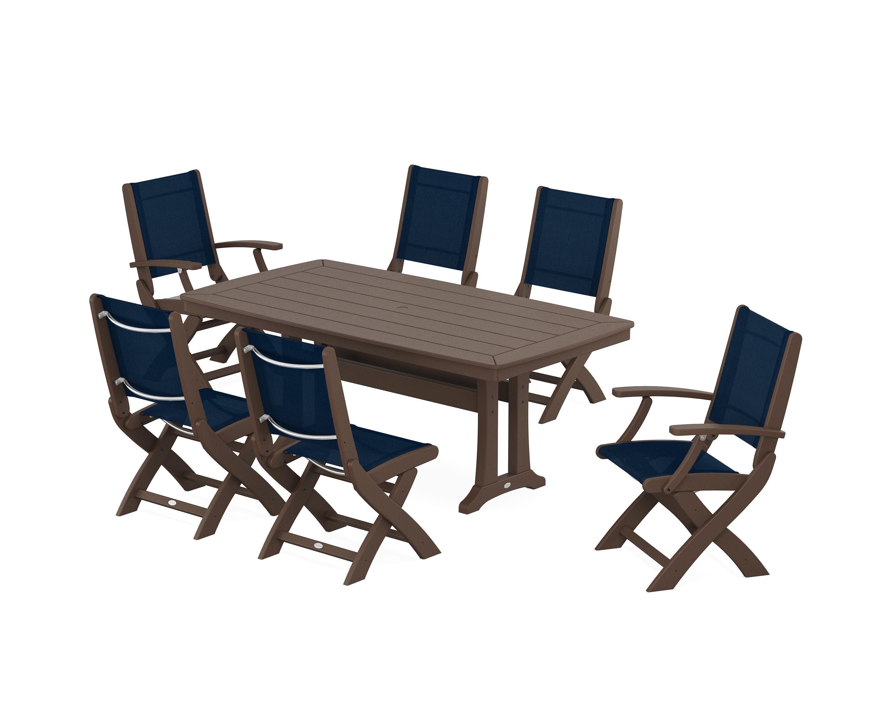 POLYWOOD® Coastal Folding Chair 7-Piece Dining Set with Trestle Legs in Mahogany / Navy Blue Sling