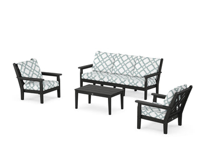 POLYWOOD® Chippendale 4-Piece Deep Seating Set with Sofa in Black / Trellis Glacier Spa