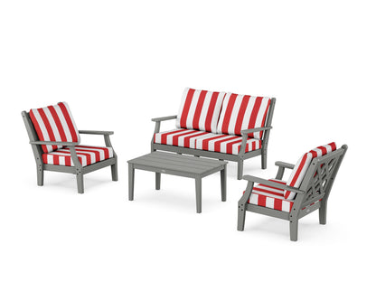 Country Living Wovendale 4-Piece Deep Seating Set with Loveseat in Slate Grey / Cabana Stripe Crimson