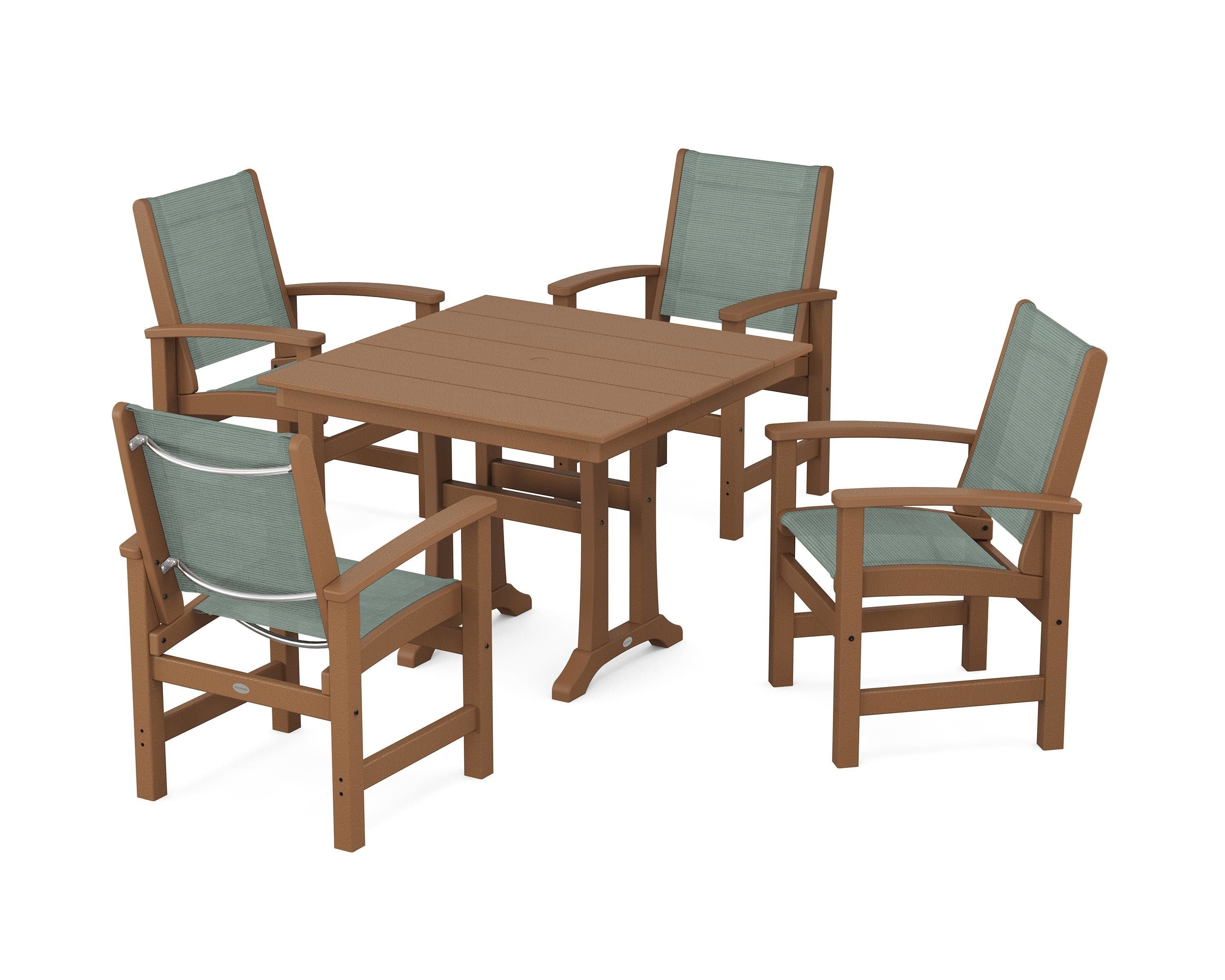 POLYWOOD® Coastal 5-Piece Farmhouse Dining Set With Trestle Legs in Teak / Dupioni Sea Mist Sling