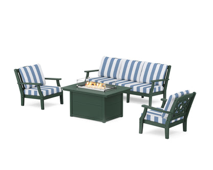 Martha Stewart by POLYWOOD® Chinoiserie Deep Seating Fire Pit Table Set in Green / Cabana Stripe Sky Blue
