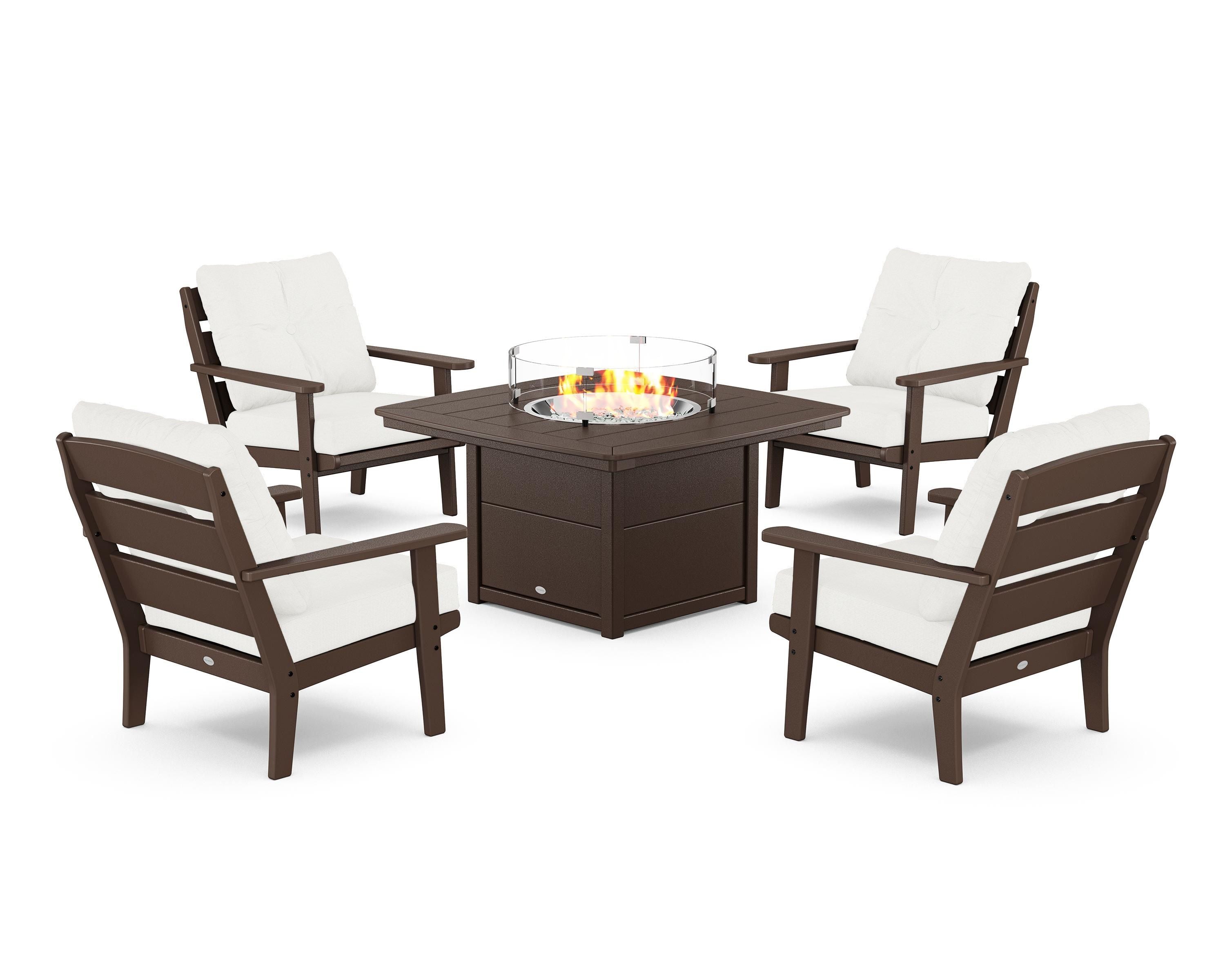 POLYWOOD® Lakeside 5-Piece Deep Seating Set with Nautical Fire Pit Table in Mahogany / Natural Linen