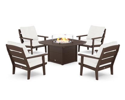 POLYWOOD® Lakeside 5-Piece Deep Seating Set with Nautical Fire Pit Table in Mahogany / Natural Linen