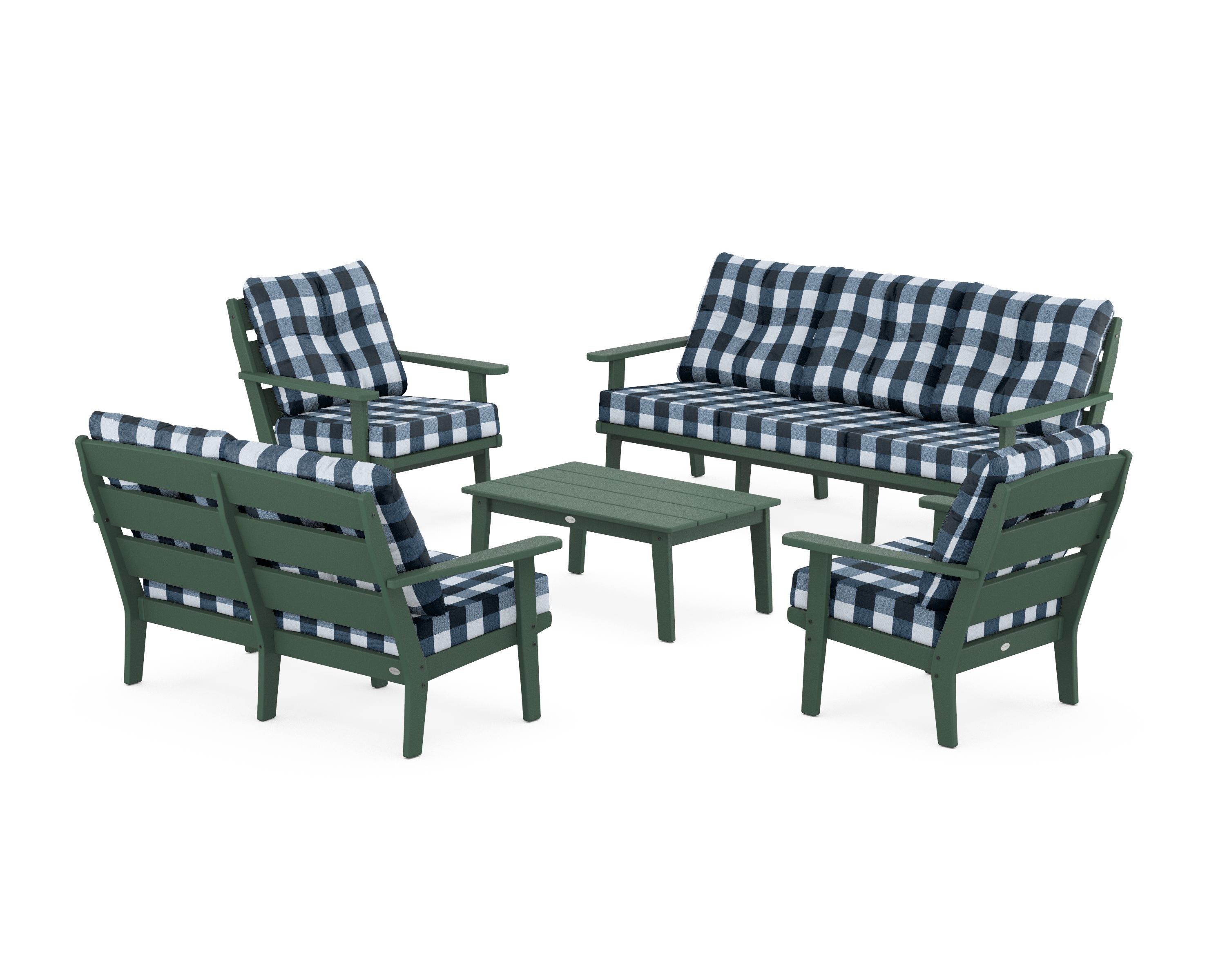POLYWOOD® Lakeside 5-Piece Lounge Sofa Set in Green / Buffalo Plaid Marine Indigo