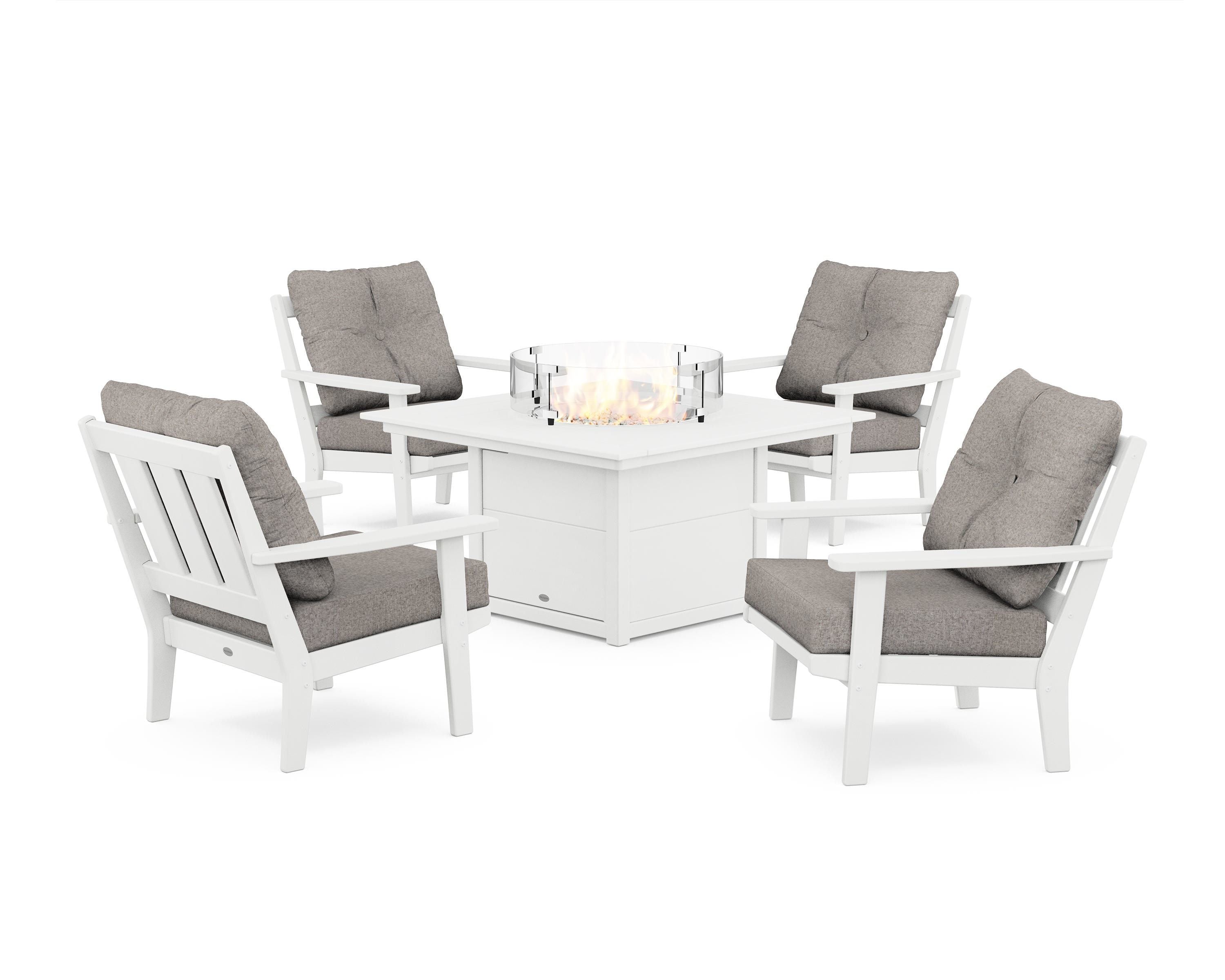 POLYWOOD® Oxford 5-Piece Deep Seating Set with Fire Pit Table in White / Weathered Tweed