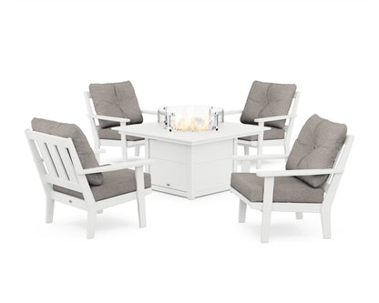 POLYWOOD® Oxford 5-Piece Deep Seating Set with Fire Pit Table in White / Weathered Tweed