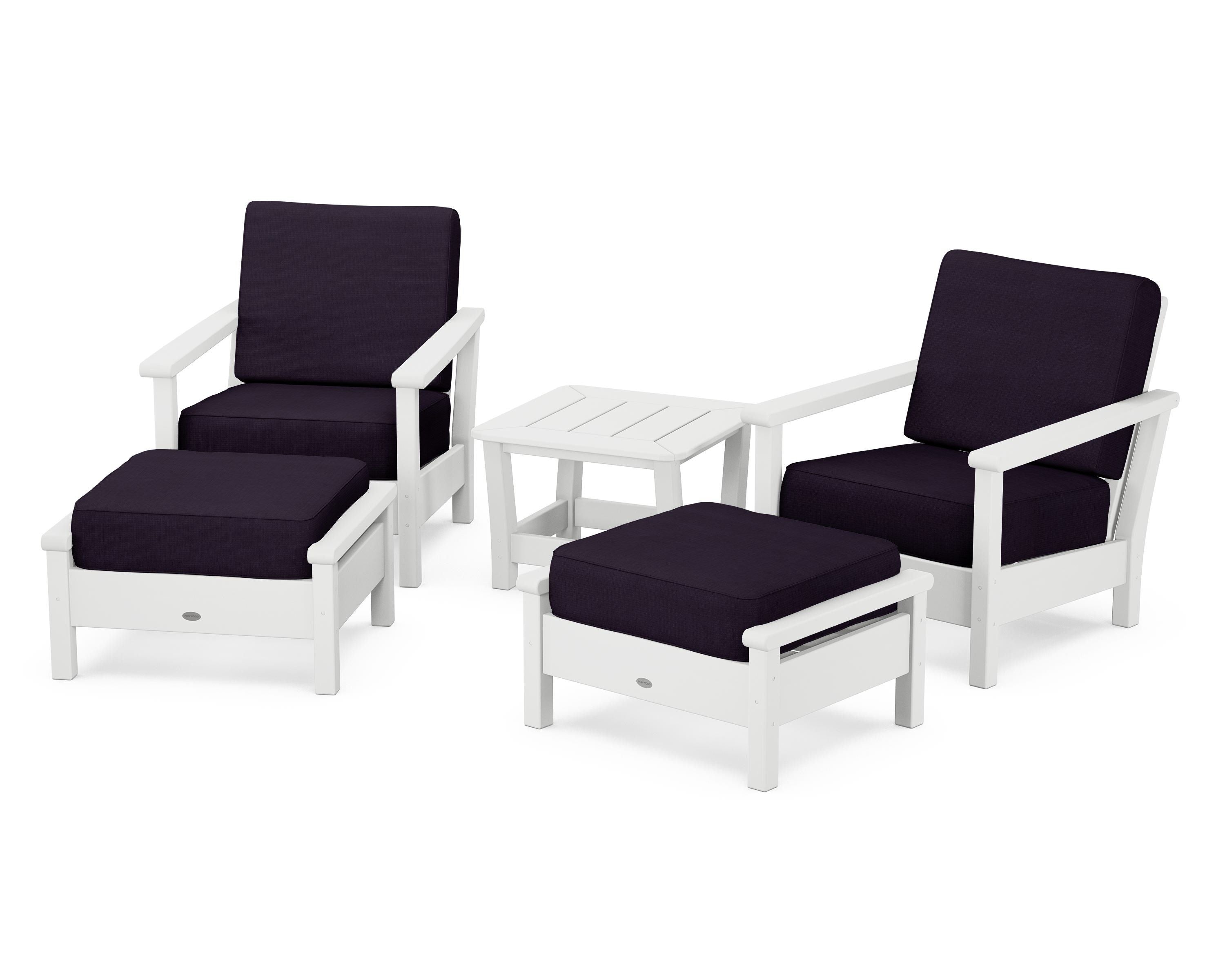 POLYWOOD® Harbour 5-Piece Deep Seating Chair Set in White / Navy Linen