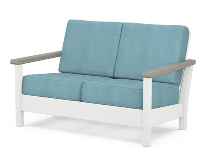 POLYWOOD® Harbour Deep Seating Loveseat in White / Driftwood / Lattice Sky Blue