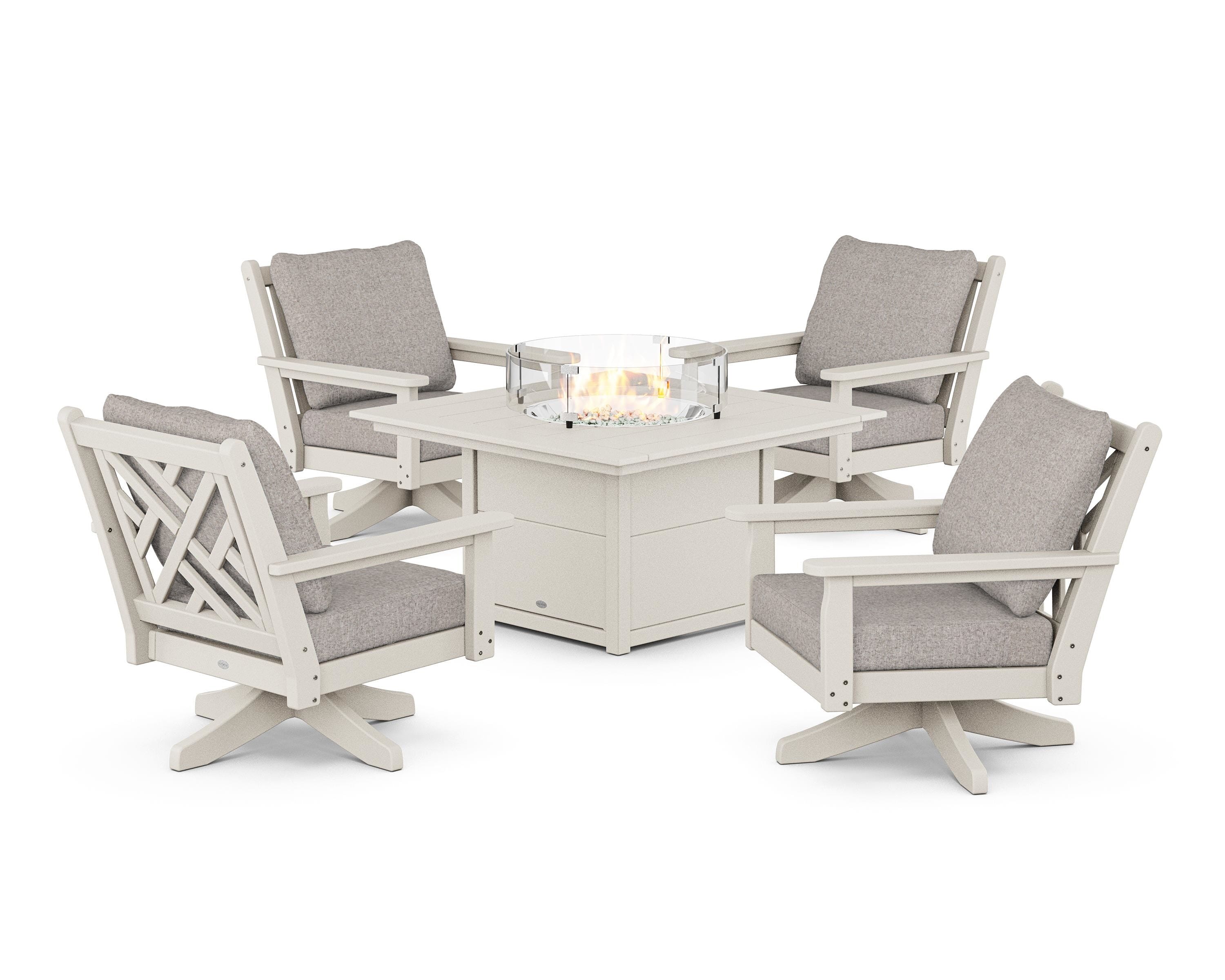 POLYWOOD® Chippendale 5-Piece Deep Seating Swivel Conversation Set with Fire Pit Table in Sand / Weathered Tweed