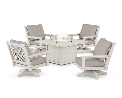 POLYWOOD® Chippendale 5-Piece Deep Seating Swivel Conversation Set with Fire Pit Table in Sand / Weathered Tweed