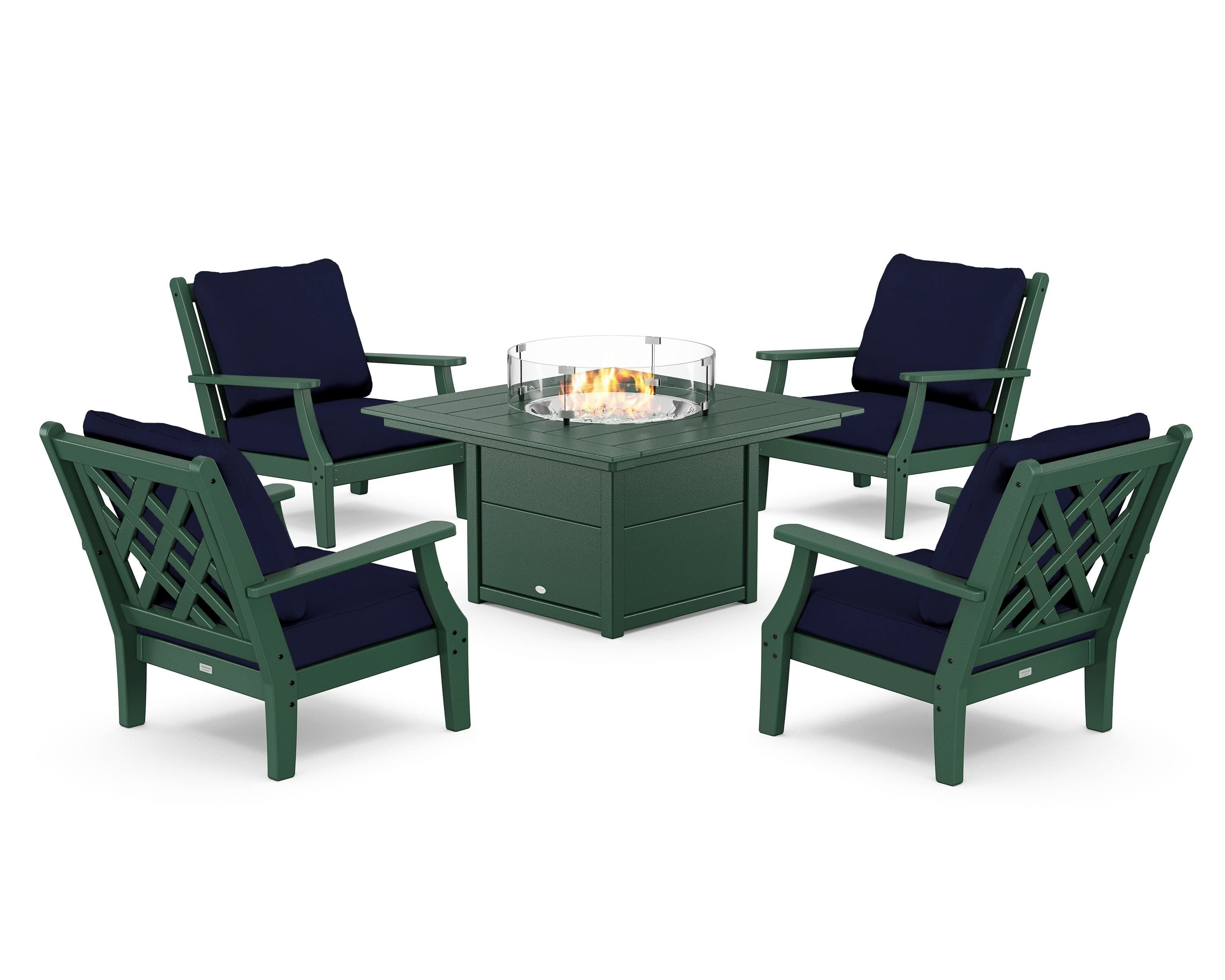 Country Living Wovendale 5-Piece Deep Seating Set with Fire Pit Table in Green / Navy