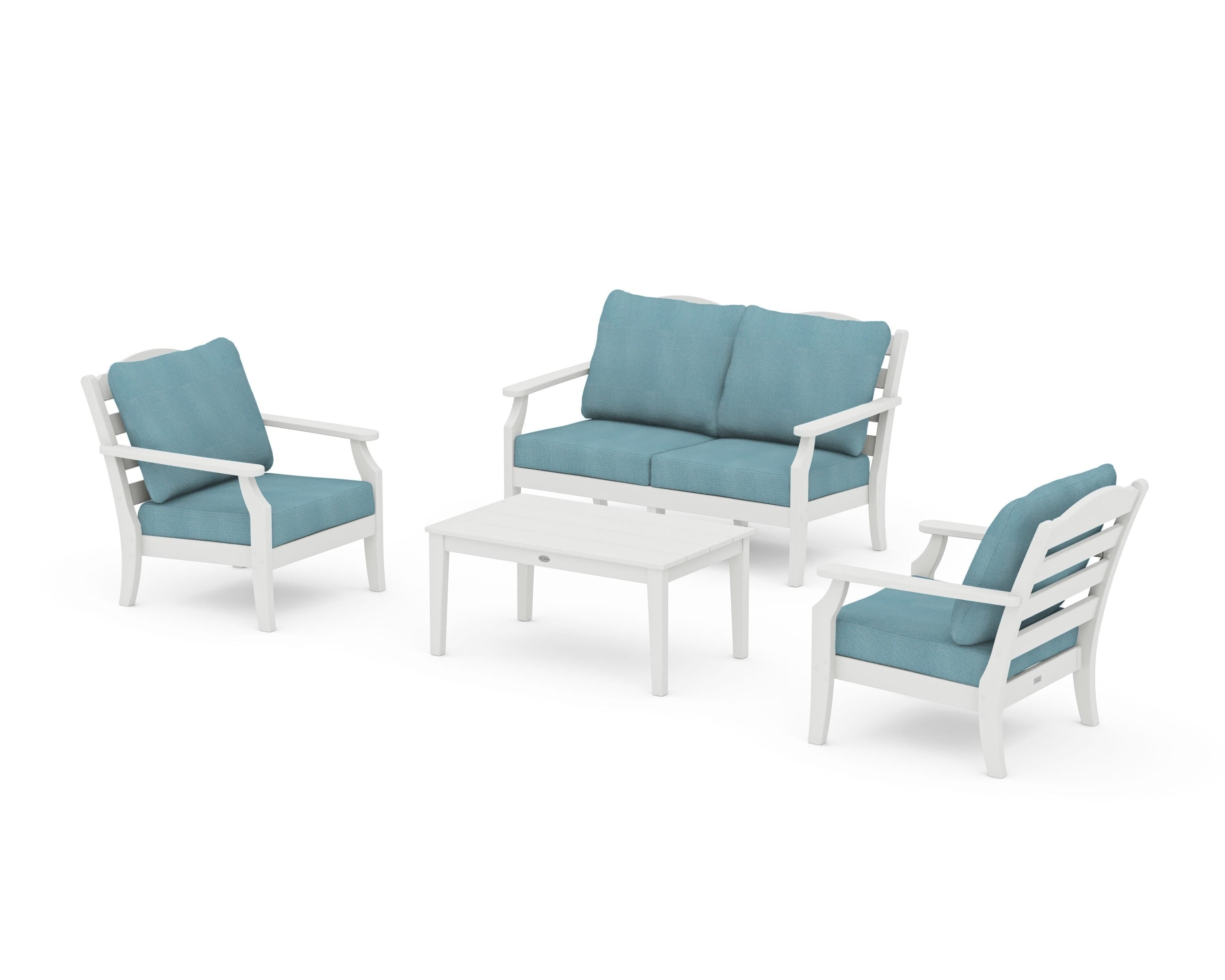 Draper James™ by  POLYWOOD® Savannah 4-Piece Deep Seating Set with Loveseat in Vintage White / Lattice Sky Blue