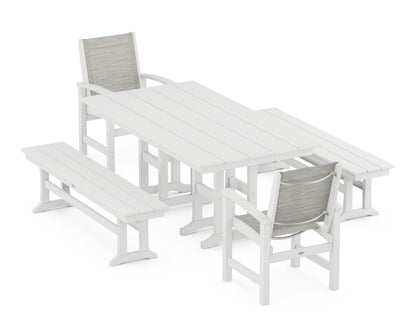 POLYWOOD® Coastal 5-Piece Farmhouse Dining Set in White / Birch Sling