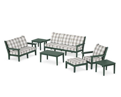 POLYWOOD® Chippendale 7-Piece Deep Seating Set in Green / Buffalo Plaid Grey Mist