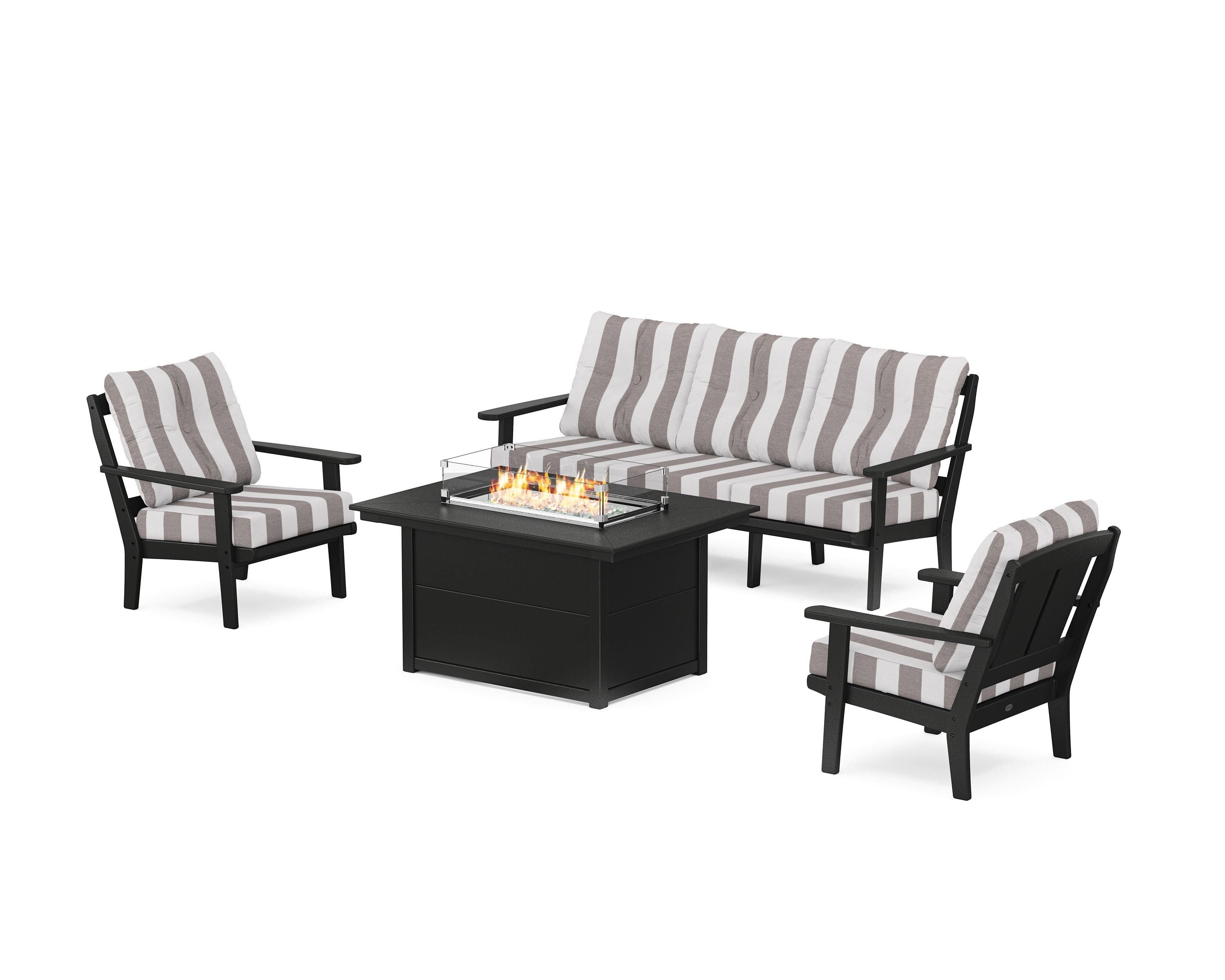 POLYWOOD® Mission Deep Seating Fire Pit Table Set in Black / Cabana Stripe Grey Mist