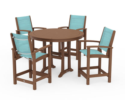 POLYWOOD® Coastal 5-Piece Counter Set in Teak / Dupioni Aquamarine Sling