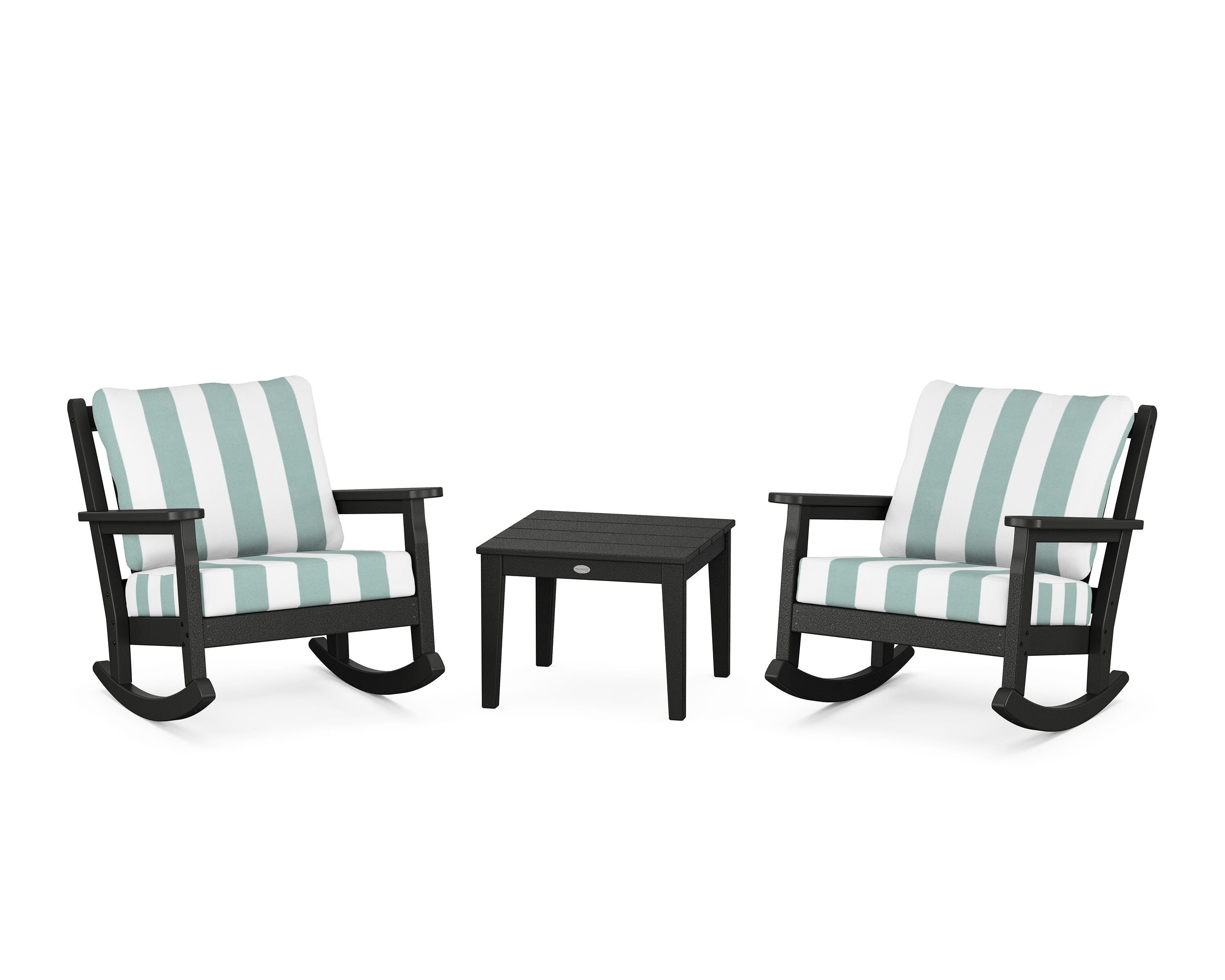 POLYWOOD® Chippendale 3-Piece Deep Seating Rocker Set in Black / Cabana Stripe Glacier Spa