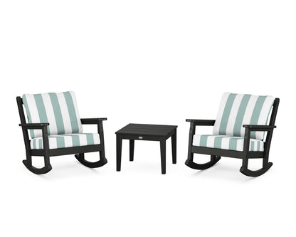 POLYWOOD® Chippendale 3-Piece Deep Seating Rocker Set in Black / Cabana Stripe Glacier Spa