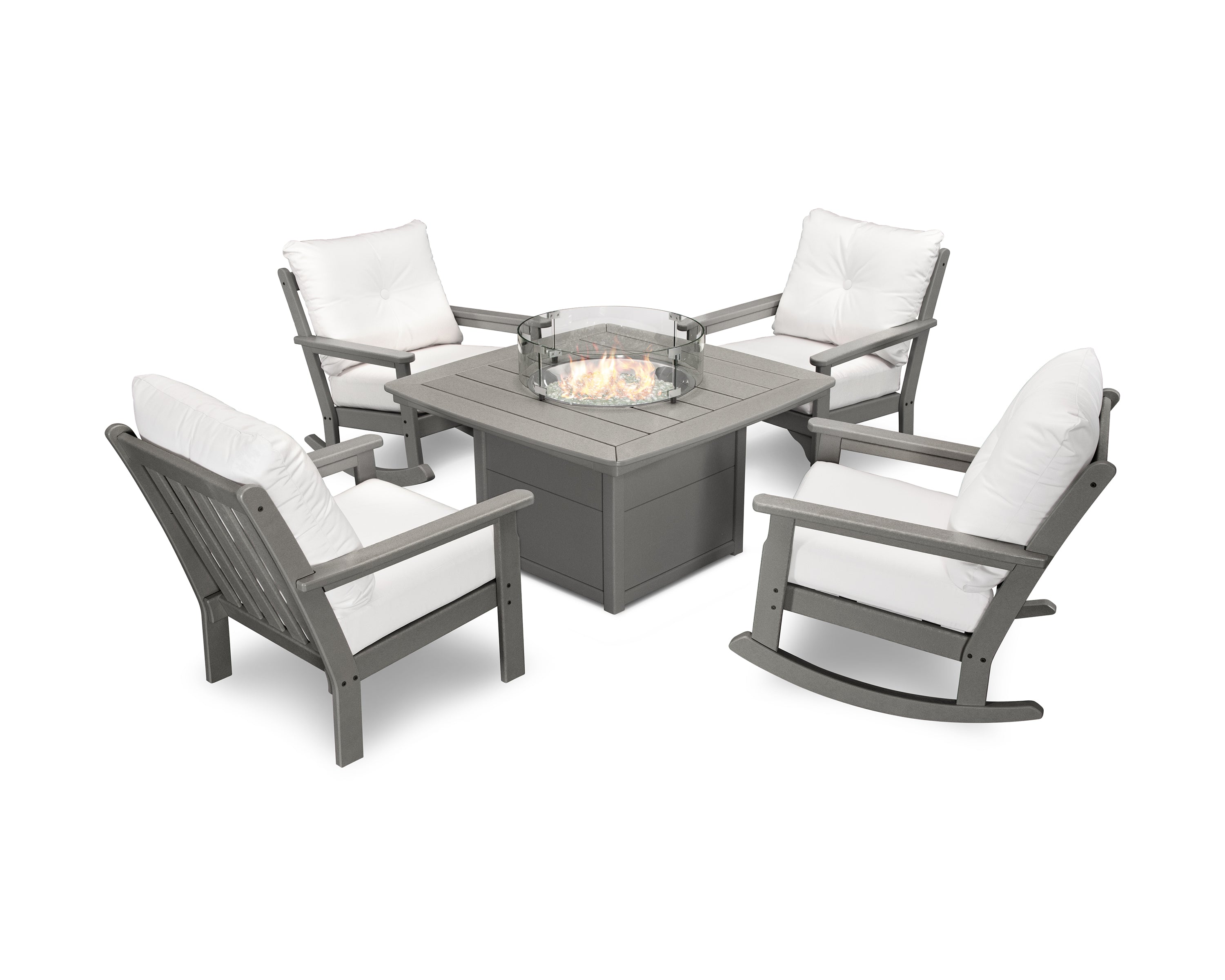 POLYWOOD® Vineyard 5-Piece Deep Seating Rocking Chair Conversation Set with Fire Pit Table in Slate Grey / Natural