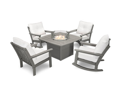 POLYWOOD® Vineyard 5-Piece Deep Seating Rocking Chair Conversation Set with Fire Pit Table in Slate Grey / Natural