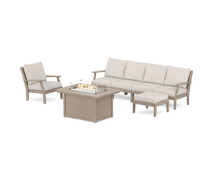 POLYWOOD® Braxton Sectional Lounge and Fire Pit Set in Vintage Sahara / Cast Ash