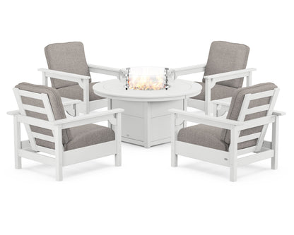 POLYWOOD® Club 5-Piece Conversation Set with Fire Pit Table in White / Weathered Tweed
