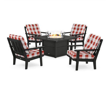 POLYWOOD® Oxford 5-Piece Deep Seating Set with Fire Pit Table in Black / Buffalo Plaid Crimson
