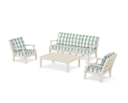 Martha Stewart by POLYWOOD® Chinoiserie 4-Piece Deep Seating Set with Sofa in Sand / Buffalo Plaid Glacier Spa
