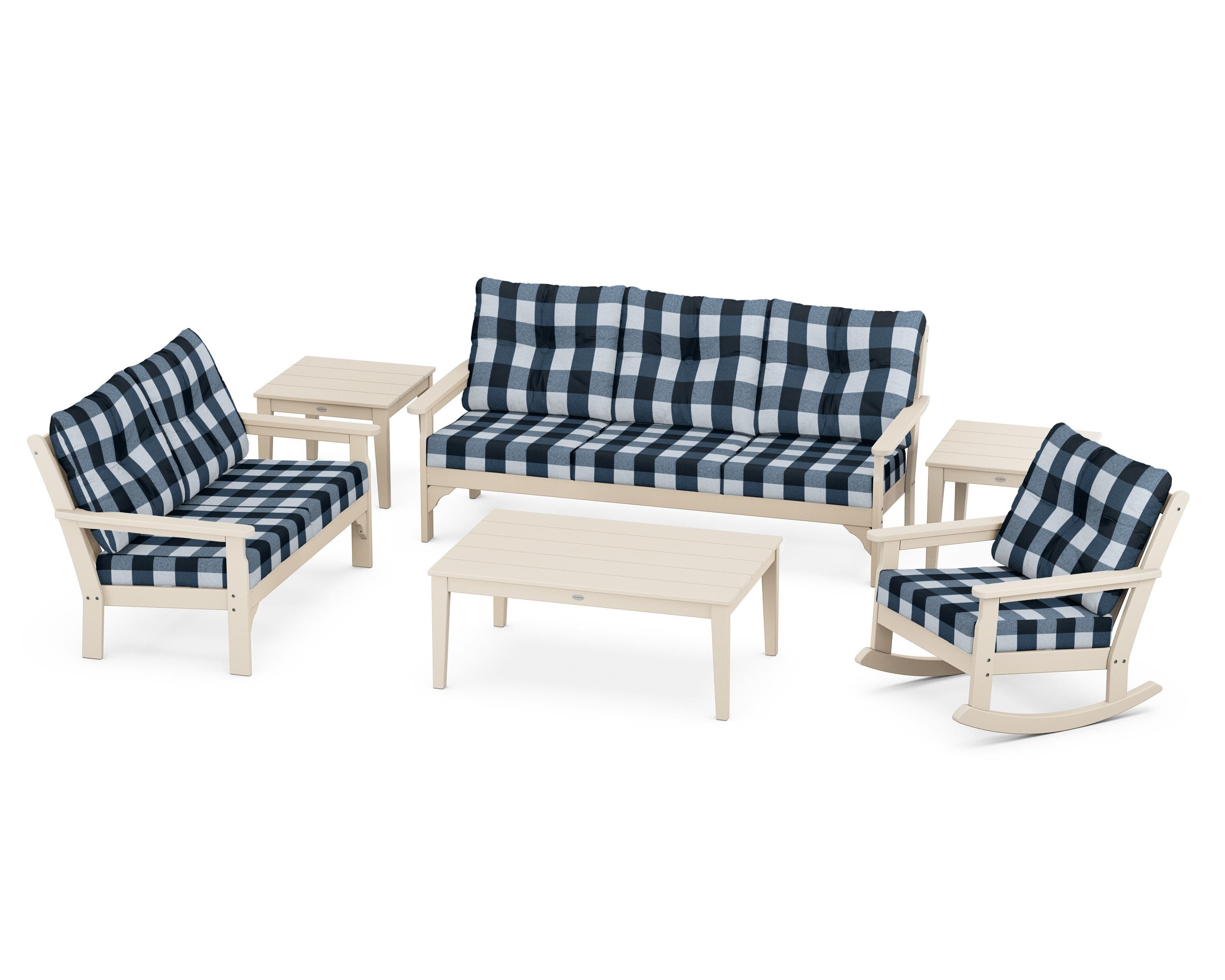 POLYWOOD® Vineyard 6-Piece Deep Seating Set in Sand / Buffalo Plaid Marine Indigo