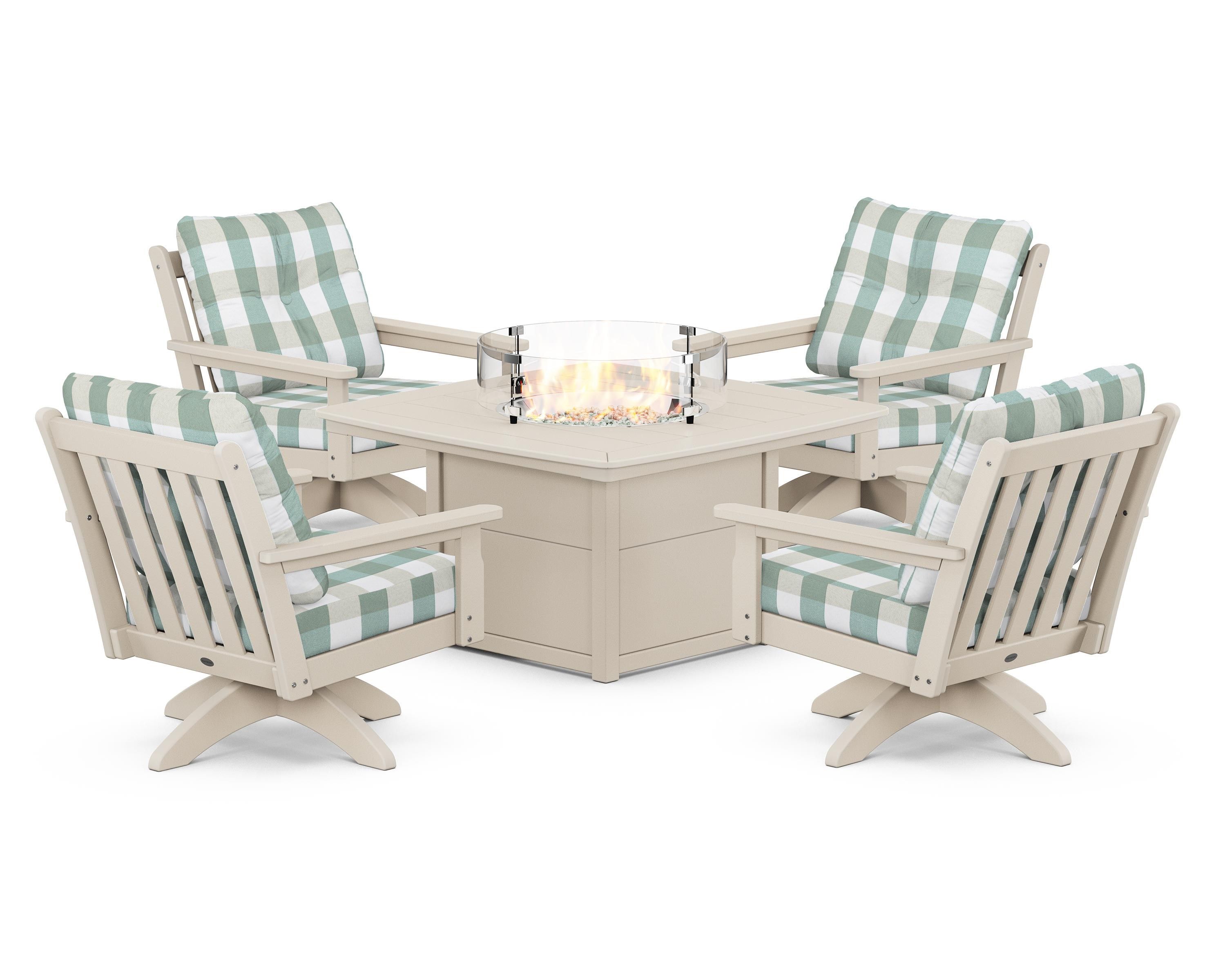 POLYWOOD® Vineyard 5-Piece Deep Seating Swivel Conversation Set with Fire Pit Table in Sand / Buffalo Plaid Glacier Spa