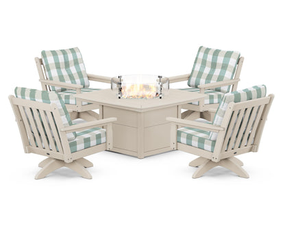 POLYWOOD® Vineyard 5-Piece Deep Seating Swivel Conversation Set with Fire Pit Table in Sand / Buffalo Plaid Glacier Spa
