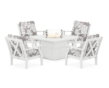 POLYWOOD® Braxton 5-Piece Deep Seating Conversation Set with Fire Pit Table in White / Leaf Grey Mist