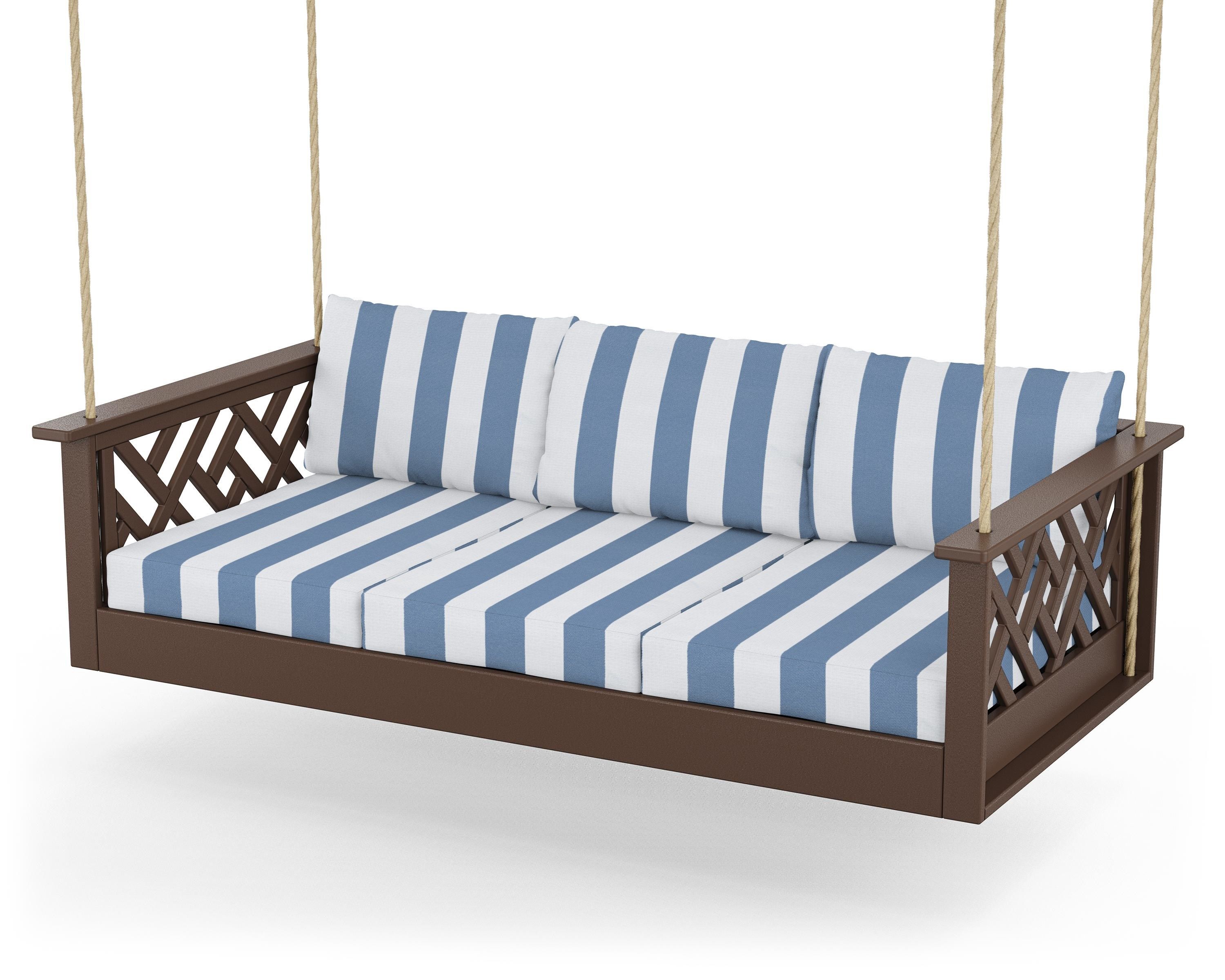 POLYWOOD® Chippendale Daybed Swing in Mahogany / Cabana Stripe Sky Blue