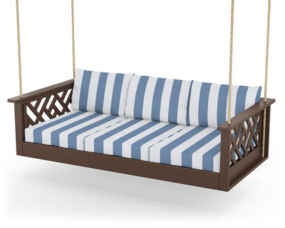 POLYWOOD® Chippendale Daybed Swing in Mahogany / Cabana Stripe Sky Blue