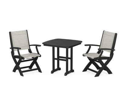 POLYWOOD® Coastal Folding Chair 3-Piece Dining Set in Black / Birch Sling