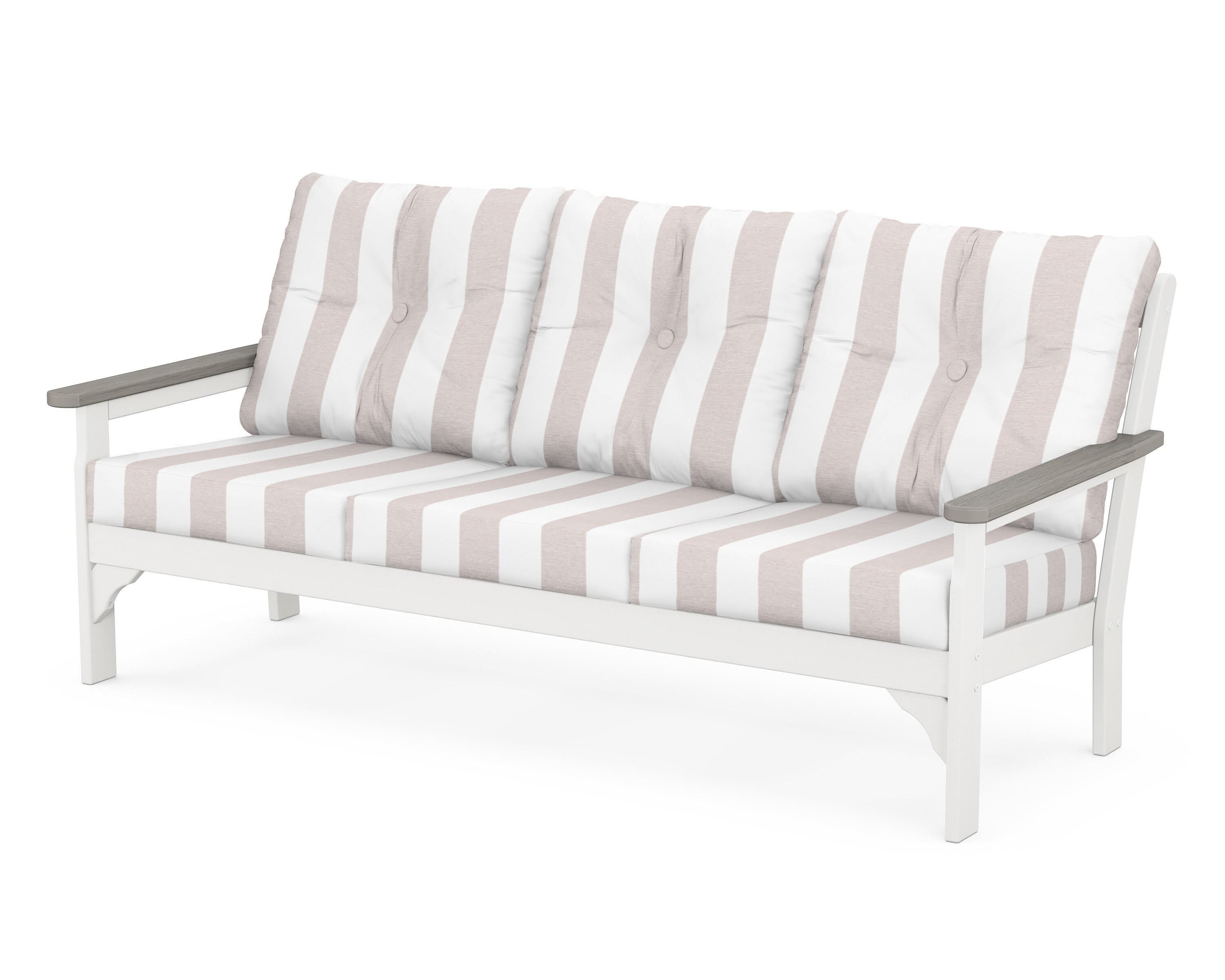 POLYWOOD® Vineyard Deep Seating Sofa in White / Driftwood / Cabana Stripe Dune Burlap