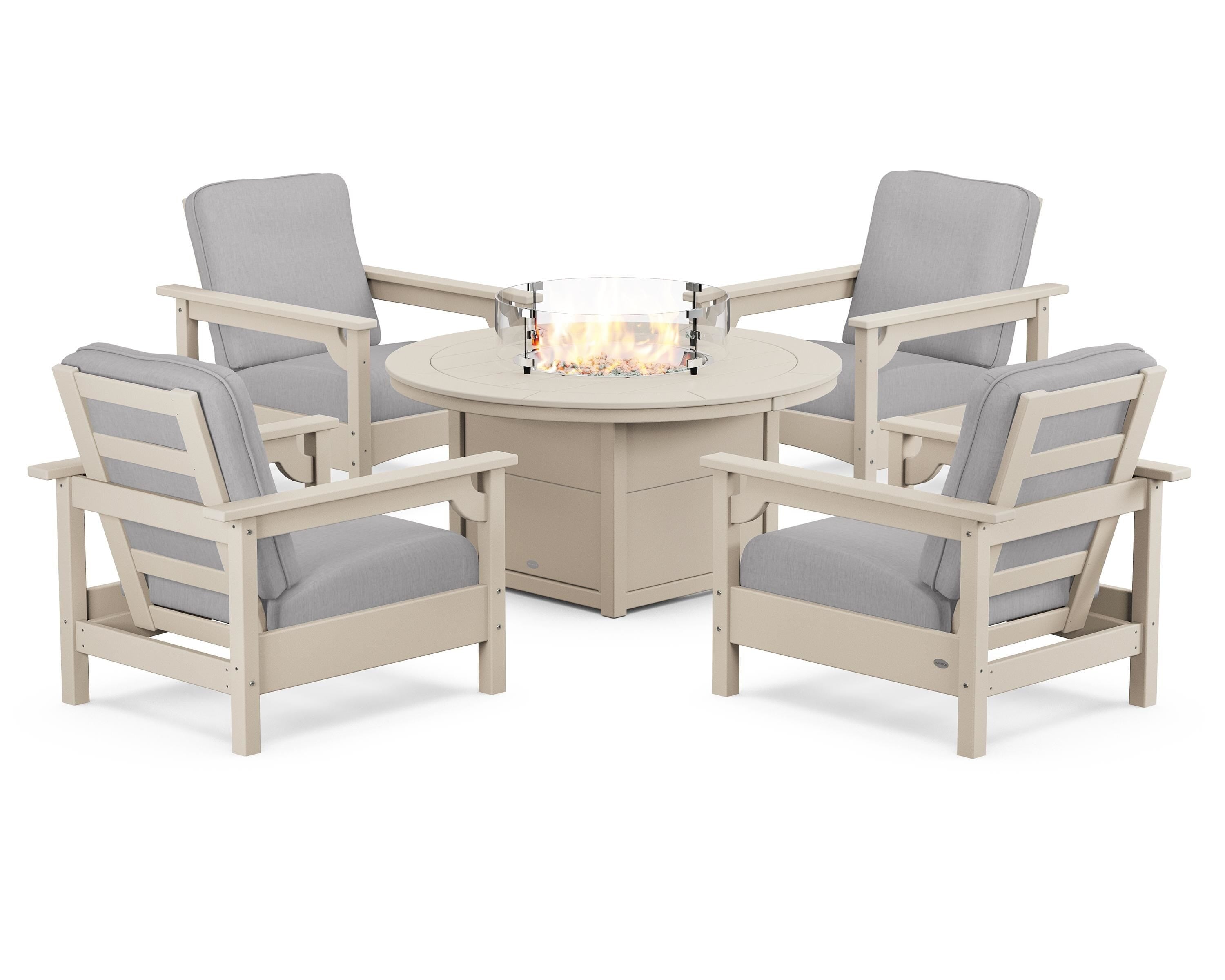 POLYWOOD® Club 5-Piece Conversation Set with Fire Pit Table in Sand / Granite