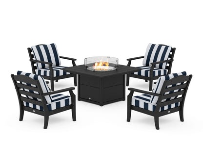 Draper James™ by  POLYWOOD® Savannah 5-Piece Deep Seating Set with Fire Pit Table in Black / Cabana Stripe Marine Indigo