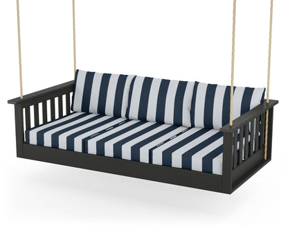 POLYWOOD® Vineyard Daybed Swing in Black / Cabana Stripe Marine Indigo