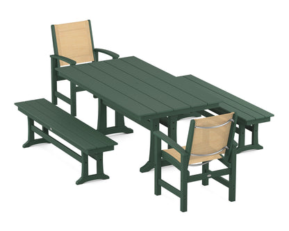 POLYWOOD® Coastal 5-Piece Farmhouse Dining Set with Trestle Legs and Benches in Green / Dupioni Apricot Sling