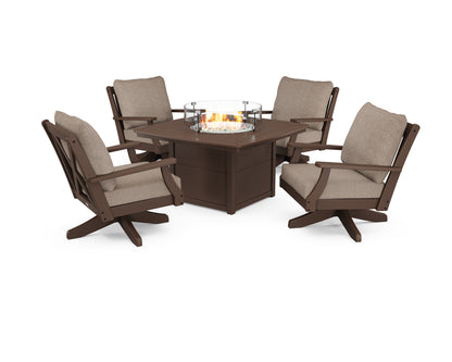POLYWOOD® Braxton 5-Piece Deep Seating Swivel Conversation Set with Fire Pit Table in Mahogany / Spiced Burlap