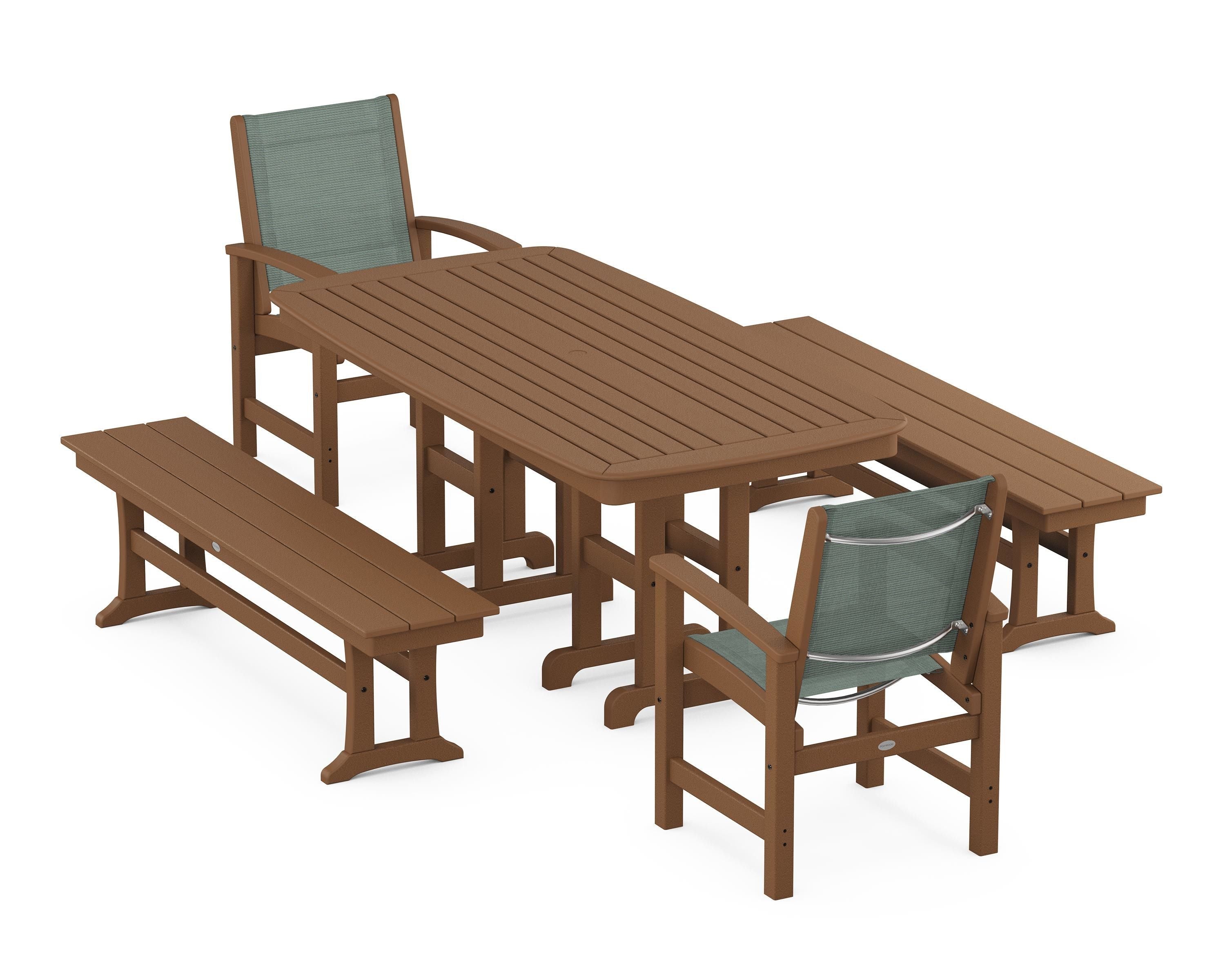 POLYWOOD® Coastal 5-Piece Dining Set in Teak / Dupioni Sea Mist Sling