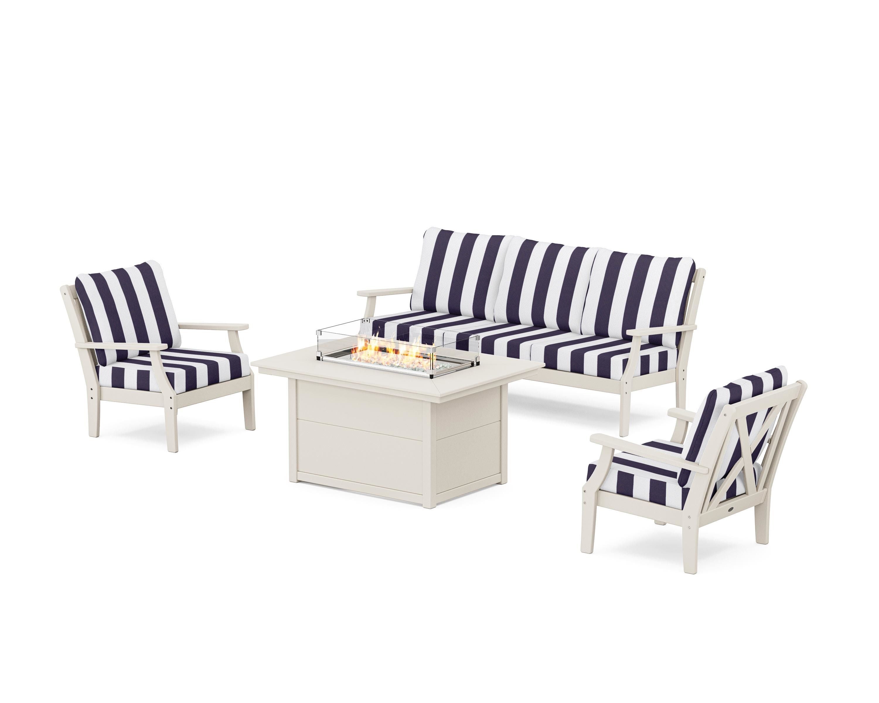 POLYWOOD® Braxton Deep Seating Fire Pit Table Set in Sand / Cabana Stripe Navy