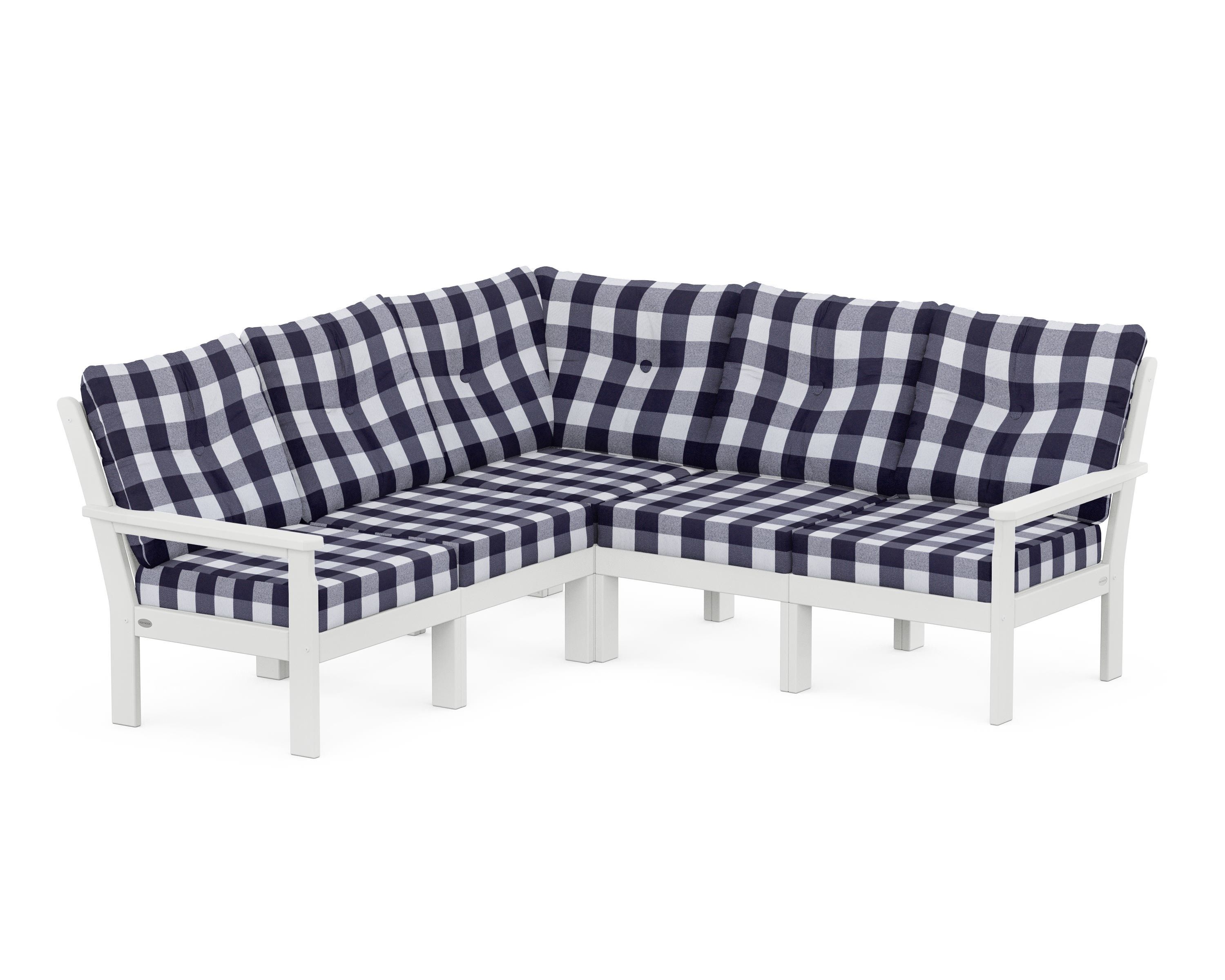 POLYWOOD® Vineyard 5-Piece Sectional in White / Buffalo Plaid Navy