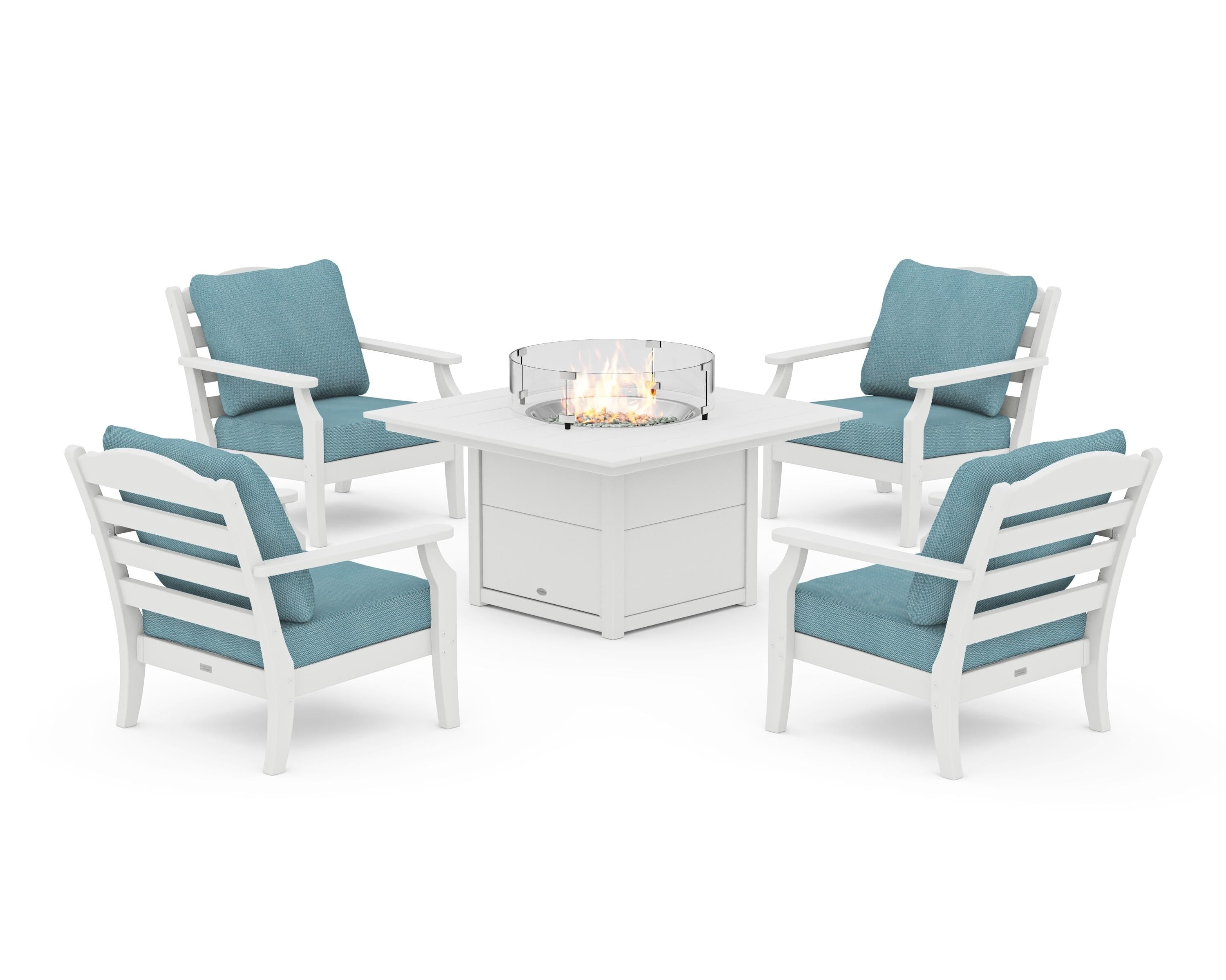 Draper James™ by  POLYWOOD® Savannah 5-Piece Deep Seating Set with Fire Pit Table in White / Lattice Sky Blue