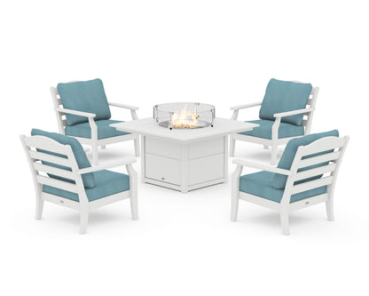 Draper James™ by  POLYWOOD® Savannah 5-Piece Deep Seating Set with Fire Pit Table in White / Lattice Sky Blue