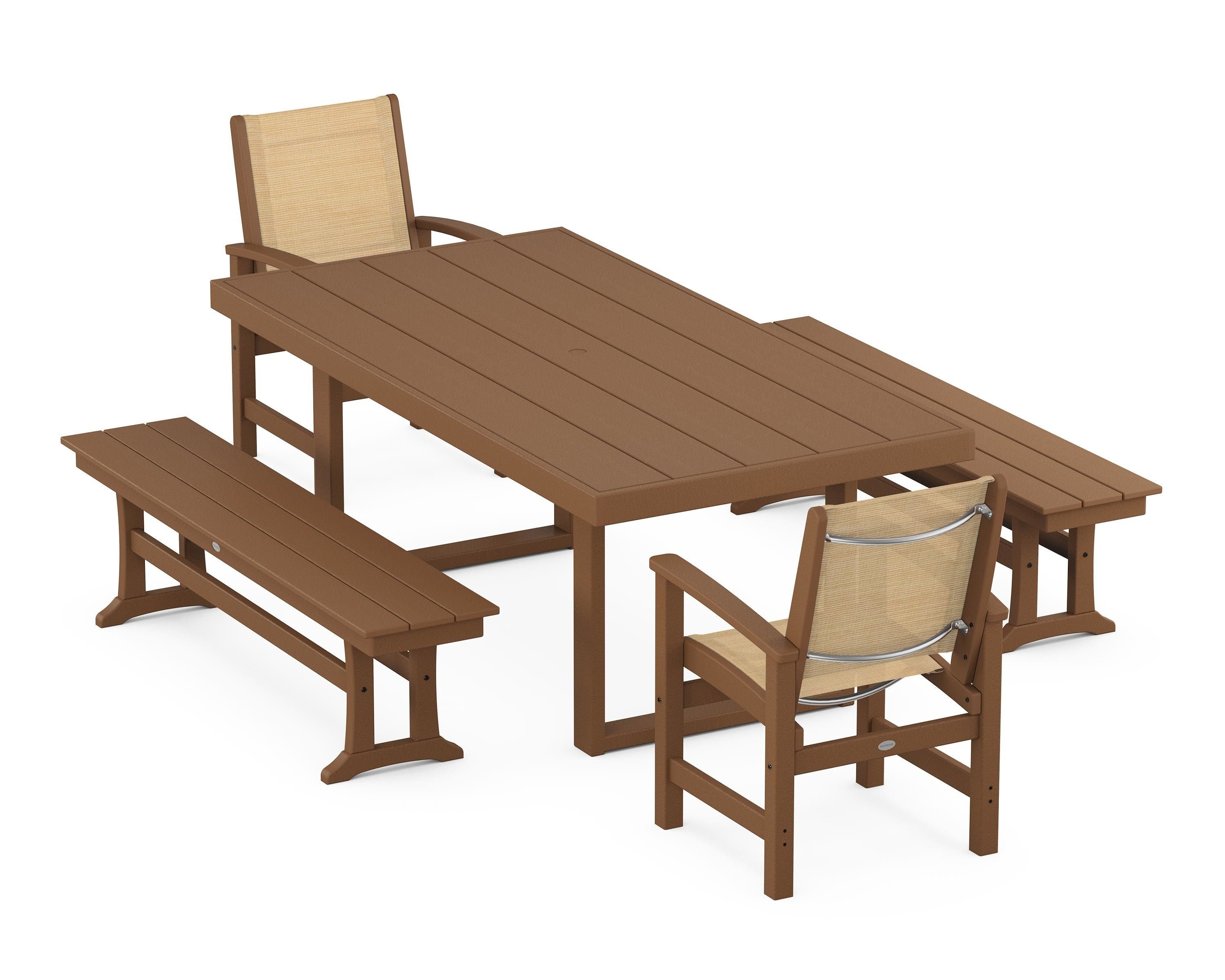 POLYWOOD® Coastal 5-Piece Dining Set with Trestle Legs in Teak / Dupioni Apricot Sling