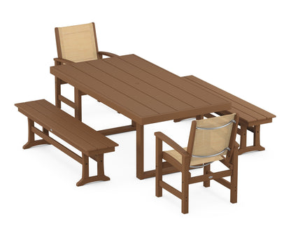 POLYWOOD® Coastal 5-Piece Dining Set with Trestle Legs in Teak / Dupioni Apricot Sling