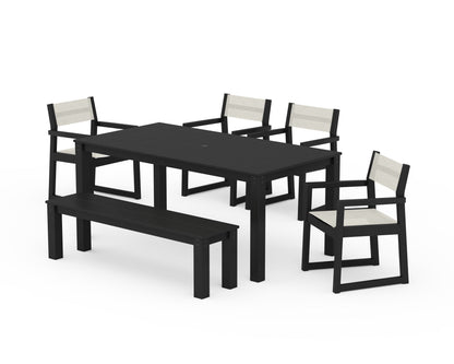 POLYWOOD® EDGE Sling Arm Chair 6-Piece Parsons Dining Set with Bench in Black / Parchment Sling