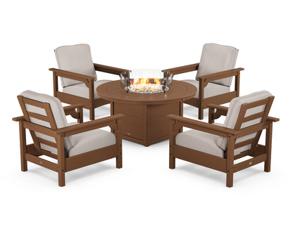 POLYWOOD® Club 5-Piece Conversation Set with Fire Pit Table in Teak / Dune Burlap